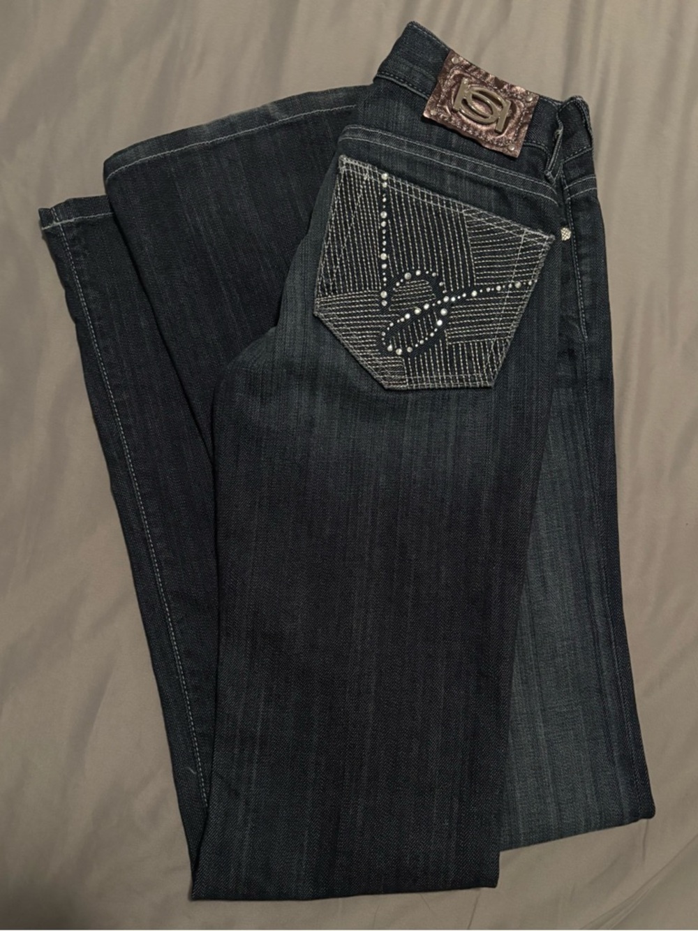 bebe Dark Indigo Flare Jeans with Rinestones
